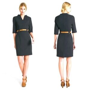 Tahari Navy Blue Sheath Dress with Tan Belt